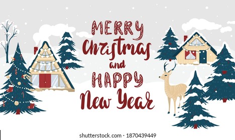 Merry Christmas and Happy New Year. Festive background with winter forest, house and deer