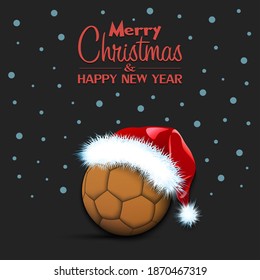 Merry Christmas and Happy New year. Handball ball in santa hat and snowflakes on isolated background. Minimalistic pattern for graphic design greeting card, poster, flyer. Vector illustration