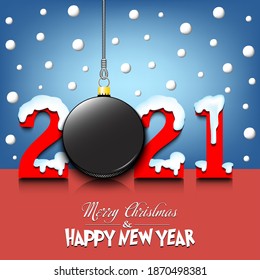 Merry Christmas and Happy New Year. Number 2021 and hockey puck as a Christmas decorations hanging on strings amid falling snow on a mirror surface. Pattern for greeting card. Vector illustration