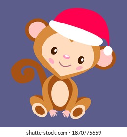 Merry Christmas. Happy New Year. Baby monkey in red Christmas hat isolated. Flat cartoon style. Grayish violet background. For children. Post cards, stickers, posters, scrapbooking and nursery