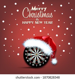 Merry Christmas and Happy New year. Dartboard in santa hat and snowflakes on isolated background. Minimalistic pattern for graphic design greeting card, poster, flyer. Vector illustration
