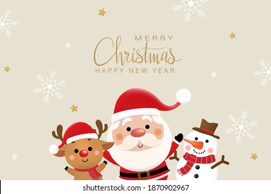 Merry Christmas and happy new year greeting card with cute Santa Claus, deer and snowman. Holiday cartoon character in winter season. -Vector.