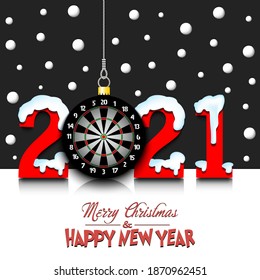 Merry Christmas and Happy New Year. Number 2021 and dartboard as a Christmas decorations hanging on strings amid falling snow on a mirror surface. Pattern for greeting card. Vector illustration