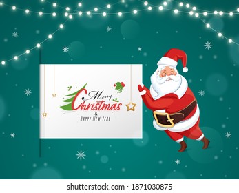 Merry Christmas And Happy New Year Scroll Template With Cartoon Santa Claus Character On Teal Background Decorated Lighting Garland.