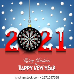 Merry Christmas and Happy New Year. Number 2021 and dartboard as a Christmas decorations hanging on strings amid falling snow on a mirror surface. Pattern for greeting card. Vector illustration