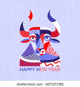 Merry Christmas and Happy New Year illustration of a cute bull. Colorful bull. Vector illustration