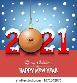 Merry Christmas and Happy New Year. Number 2021 and ping-pong ball as a Christmas decorations hanging on strings amid falling snow on a mirror surface. Pattern for greeting card. Vector illustration