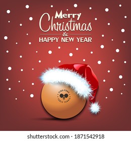 Merry Christmas and Happy New year. Ping-pong ball in santa hat and snowflakes on isolated background. Minimalistic pattern for graphic design greeting card, poster, flyer. Vector illustration