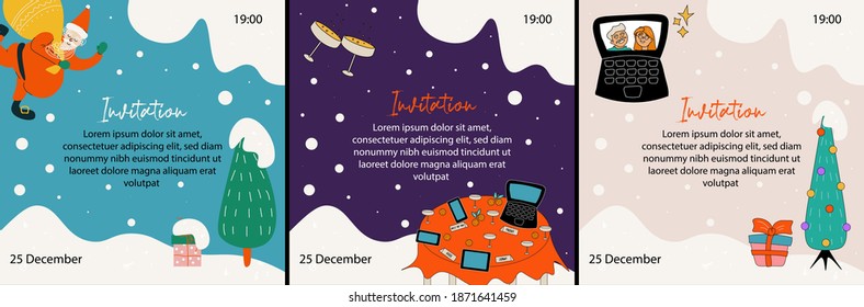 Merry Christmas and Happy New Year. Online party. Winter holidays in the period of self-isolation. Set of vector flat invitations with Santa, smartphones, laptop and Christmas tree