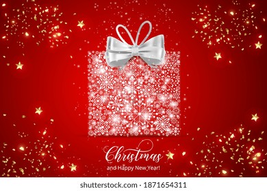 Merry Christmas and Happy New Year background with white snowflakes gifts box. Xmas present. We wish you a very merry Christmas.White gift with golden glitter confetti. Greeting card template. Vector