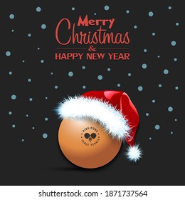 Merry Christmas and Happy New year. Ping-pong ball in santa hat and snowflakes on isolated background. Minimalistic pattern for graphic design greeting card, poster, flyer. Vector illustration