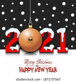 Merry Christmas and Happy New Year. Number 2021 and ping-pong ball as a Christmas decorations hanging on strings amid falling snow on a mirror surface. Pattern for greeting card. Vector illustration