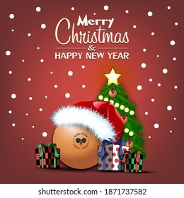 Merry Christmas and Happy New Year. Ping-pong ball, Christmas tree and  gift boxes. Snowflakes on the background. Greeting card design template with for new year.  Vector illustration