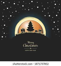 Merry Christmas and Happy New year. Christmas tree with boxes of gifts on a background of the ping-pong ball and snow. Minimalistic pattern for graphic design greeting card. Vector illustration
