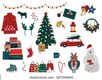 Merry Christmas and happy New year, seasonal, winter Christmas decorations, characters and items.  A set of vector illustrations isolated on a white background for the design.