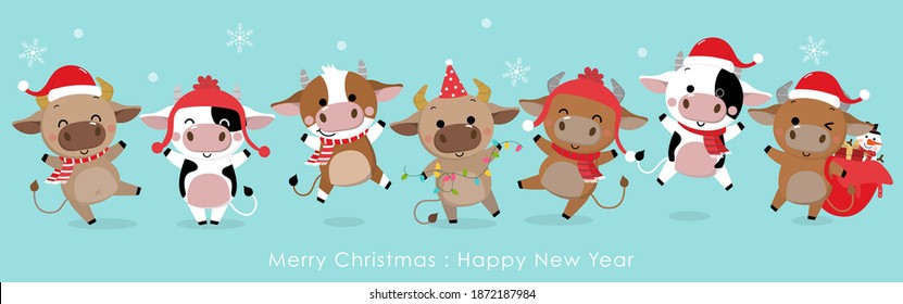 Merry Christmas and happy new year 2021. The year of the ox. The male cows and bulls wear red winter costume. Animal holidays cartoon character. -Vector