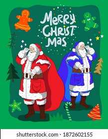 Merry Christmas and Happy New Year! 2021! Drawing for poster or pattern. Vector trendy abstract illustrations of holiday card with forest, santa claus, fox, deer, lettering, christmas tree and pine