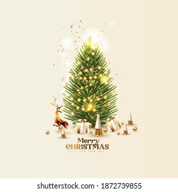 Merry Christmas and Happy New Year 2021 banner poster header card flyer design Xmas trees with golden ball gifts