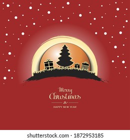 Merry Christmas and Happy New year. Christmas tree with boxes of gifts on a background of the ping-pong ball and snow. Minimalistic pattern for graphic design greeting card. Vector illustration
