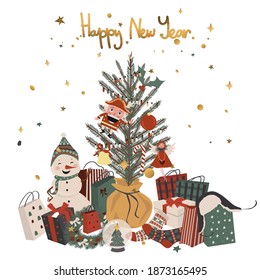 Merry Christmas! Happy New Year! Greeting card, Many gifts under a small Christmas tree decorated with a garland and toys. Nutcracker, woolen socks, packages, bags, boxes, Snowman, glass ball. Vector.