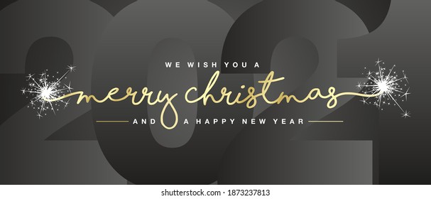 Merry Christmas and Happy New Year 2021 gold white handwritten lettering typography sparkle firework New Year 2021 into black background