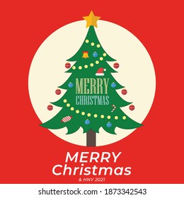 Merry Christmas and Happy New Year 2021 with Christmas tree and decoration. Vector illustration