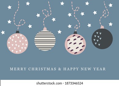 Merry Christmas and Happy New Year Greeting card with hanging ball decoration vector illustration EPS10