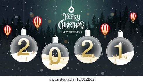 Merry Christmas, happy new year, 2021 , calligraphy, typography,  landscape  fantasy , vector illustration.