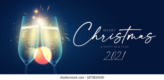Merry Christmas and Happy New Year background with champagne glasses, lights and bokeh effect.