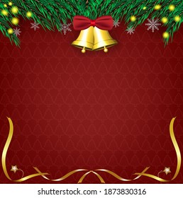 Merry Christmas and Happy New Year background. Decorated with pine leaves with snowflake, ribbon, bell, and golden stars. Vector illustration.copy space,flat lay,top-down,top view.