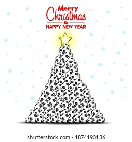 Merry Christmas and Happy New Year. Christmas tree made of soccer balls. Snowflakes on the background. Greeting card design template with for new year. Vector illustration
