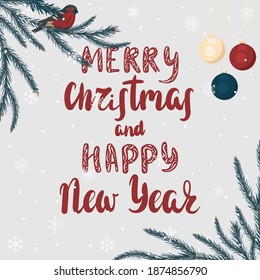 Merry Christmas and Happy New Year. Greeting card with branches, bird and christmas balls