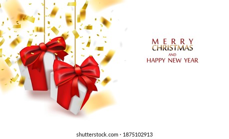 Merry Christmas And Happy New Year Background With Festive Gifts Boxes. Xmas Presents With Red Ribbon. EPS10 Vector