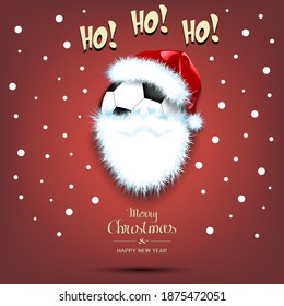 Merry Christmas and Happy New Year. Santa in the form of a soccer ball. Soccer ball with beard and santa hat. Greeting card design template with for new year. Vector illustration