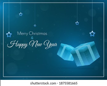 Merry Christmas And Happy New Year Text With 3D Gift Boxes And Stars Hang On Blue Background.