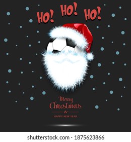 Merry Christmas and Happy New Year. Santa in the form of a soccer ball. Soccer ball with beard and santa hat. Greeting card design template with for new year. Vector illustration