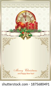Merry Christmas and Happy New Year. Holiday frame with gift box, ball, clock and festive decoration on background of snowflakes decorated ribbon and bells. Place for your text. Vector illustration