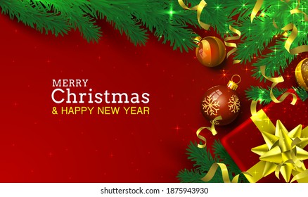 Merry Christmas Happy New Year tree with toys, card banner. Vector illustration