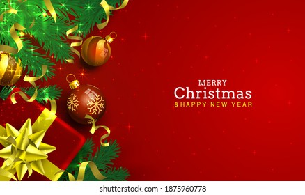 Merry Christmas Happy New Year tree with toys, card banner. Vector illustration