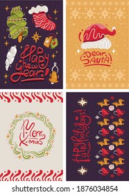 Merry Christmas and Happy New Year! 2021! Vector trendy abstract holiday card illustrations with Christmas pine tree, Santa Claus hat, deer, lettering. Drawing for poster or pattern.