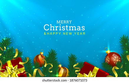 Merry Christmas Happy New Year tree with toys, card banner. Vector illustration