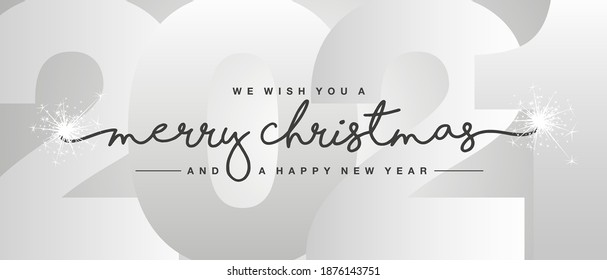 Merry Christmas and Happy New Year 2021 black handwritten lettering typography sparkle firework New Year 2021 into silver white background