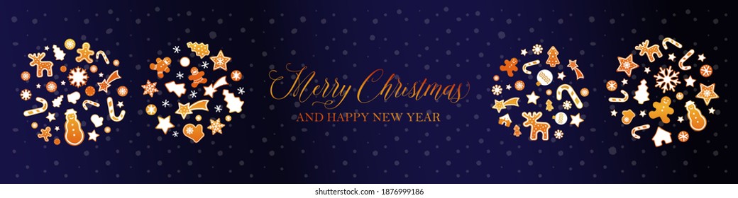 Merry Christmas and Happy New Year Banner. Creative Christmas Balls Silhouette Made of Gingerbread Cookies on Dark Background. Modern Flat Vector Illustration. Card Design Template.