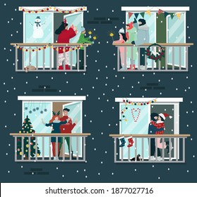 Merry Christmas and happy new year, background with decorated balcony.  People celebrate at home.  winter, snow, christmas tree, garlands on the balcony.  Vector illustration.Stay at home. 