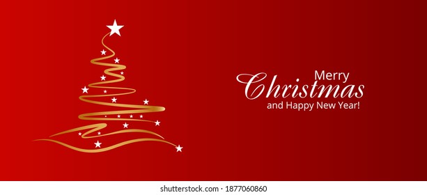 Merry christmas and happy new year greeting red background. golden xmas pine tree and decorative holiday elements. vector illustration in flat style design.