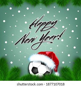 Merry Christmas and Happy New year. Soccer ball in santa hat with branches of a Christmas tree on the background of a football gate net and snowflakes. Greeting card design pattern. Vector illustratio