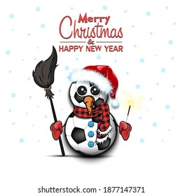 Merry Christmas and happy new year. Snowman from soccer balls with broom and sparklers on an isolated background. Design pattern for banner, poster, greeting card, invitation. Vector illustration