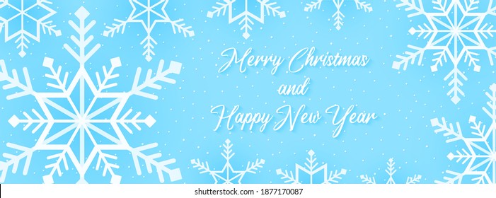 Merry Christmas and Happy new year, snowflakes pattern background, snow falling banner with lettering, paper art style