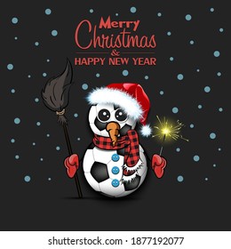 Merry Christmas and happy new year. Snowman from soccer balls with broom and sparklers on an isolated background. Design pattern for banner, poster, greeting card, invitation. Vector illustration