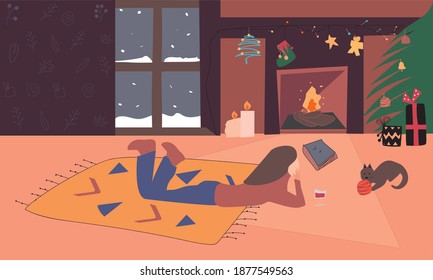 Merry Christmas and Happy New Year! Vector illustration of winter holidays: home living room interior with woman, night cityscape, cozy rug with pet cat and coffee. Drawings for postcard and poster
